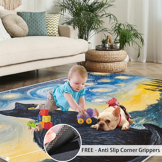 Black Cat Rugs for Bedroom - 6x9 Area Rug - Starry Sky Countryside Rugs for Living Room, Vintage Oil Painting Art Rug, Washable Home Decor Carpet