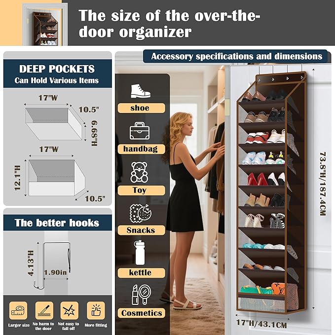 10 - Pocket Over - the - Door Hanging Shoe Organizers & Rack, Made of Sturdy 600D Oxford + Non - Woven Fabric, Space - Saving Storage for Shoes, Boots & More (Dark coffee color)