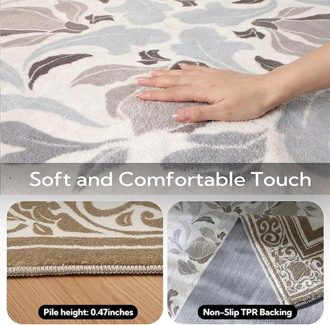 SOULFUL Medium Pile 4x6 Rugs for Living Room - Cozy Soft Underfoot Area Rug - Brown Boho Floral - Washable Non-Slip - Perfect for Bedroom Kids Room Under Dining Table Office