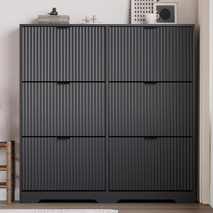BORNOON Large Shoe Cabinet for Entryway, Tall Narrow Shoe Storage Cabinet with 6 Flip Drawers and Adjustable Shelves, Shoe Rack Cabinet Organizer for Hallway, Foyer, Small Apartment