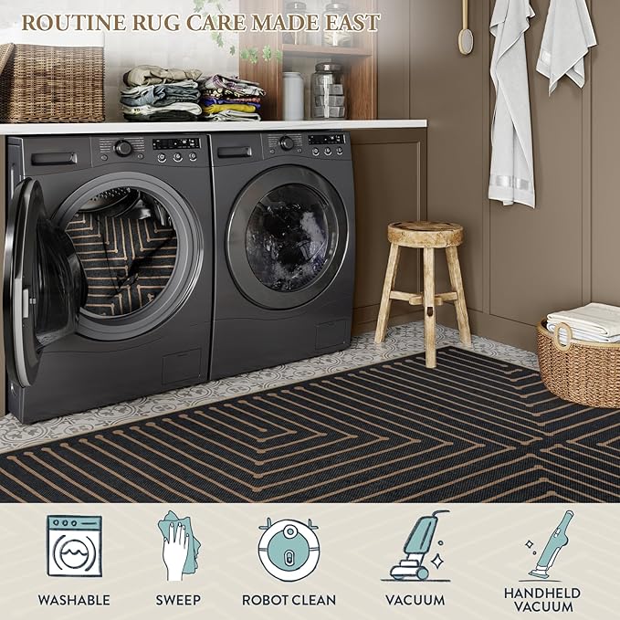 Lahome Neutral Geometric Kitchen Rugs, 2x8 Washable Entryway Hallway Runner Rug Non Slip, Farmhouse Rhombus Low Pile Non Shedding Black Indoor Outdoor Carpet Runner for Laundry Room