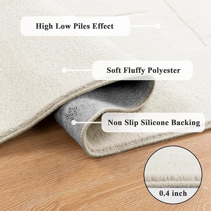 SHACOS Soft Cozy Fluffy Abstract Geometric High Low Pile Area Rugs 5'x7' Non Slip Washable Scandinavian Minimalist Rug Modern Carpet for Living Room Bedroom Dining Room, Cream