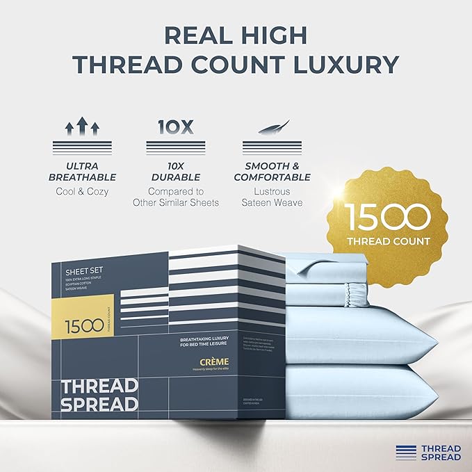 THREAD SPREAD 100% Egyptian Cotton King Size Sheets Set - Luxury 1500 Thread Count Egyptian Cotton Sheets King Size, 17" Deep Pocket, Soft, Cooling Sateen Weave Hotel Quality Bedding Set - Light Blue