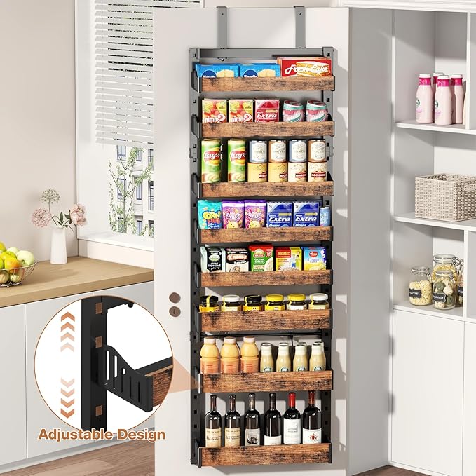 8-Tier Over The Door Pantry Organizer, Heavy-Duty Metal Wall Mount or Hanging Spice Rack, behind the door storage Shelves with Adjustable Basket, Back of Door Organizer for Kitchen Cabinet and Closet