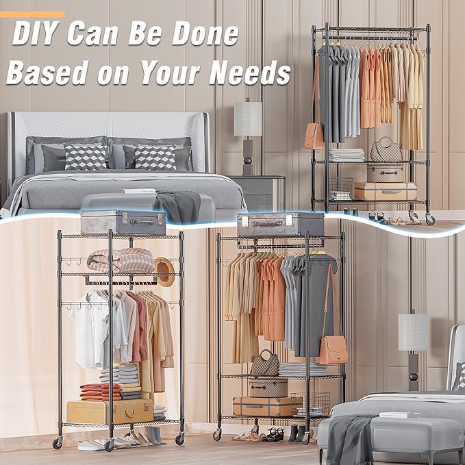 Homdox Heavy Duty Clothing Rack with 3 Tier Adjustable Wire Shelves, Garment Racks for Hanging Clothes, Double Rods Clothing Rack, Freestanding Closet Wardrobe with Side Hooks, Black