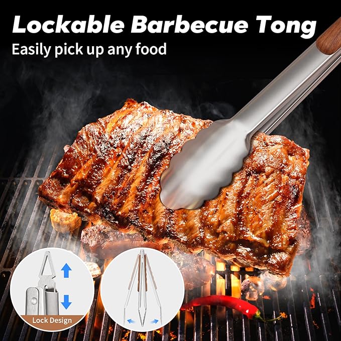 ENLOY Heavy-Duty Rose Wooden Barbecue Grilling Tools Set, Stainless Steel