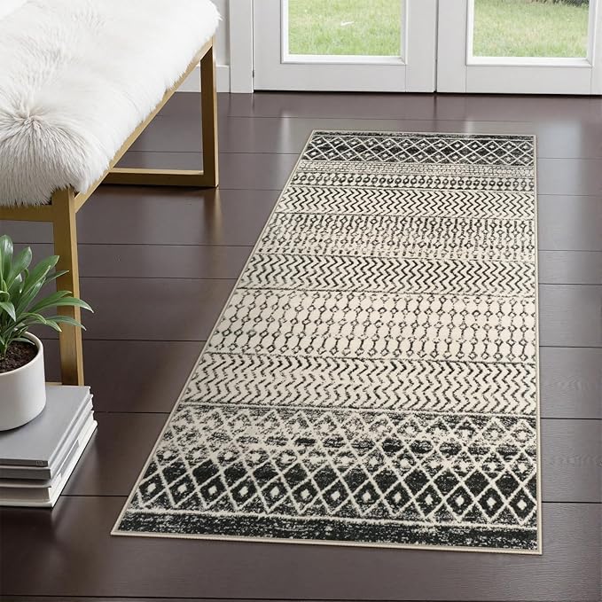 Moroccan Washable Rug for Entryway, 2x4 Black Distressed Non-Slip Door Mat Indoor Entrance, Soft Low-Pile Accent Rug Boho Area Rug for Bedroom Bathroom Kitchen
