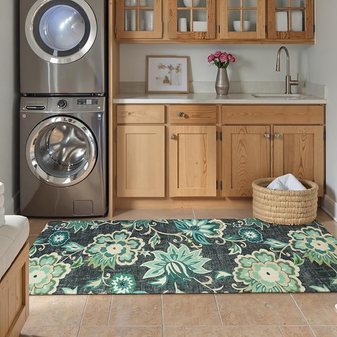 Lahome Floral Runners for Hallways - 2x6 Kitchen Runner Rugs Non Skid Washable Non-Slip Laundry Room Rug Throw Low-Plie Entryway Rug Blue Paisley Print Carpet Runner for Bedroom Bathroom Living Room
