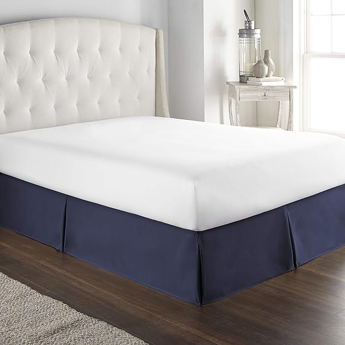 100% Cotton 800 Thread Count Box Pleated Bed Skirt - Luxury Pleated Dust Ruffle, Hotel Quality Modern Bed Skirt, Easy Fit with 12 Inch Tailored Drop, Queen, Navy Blue