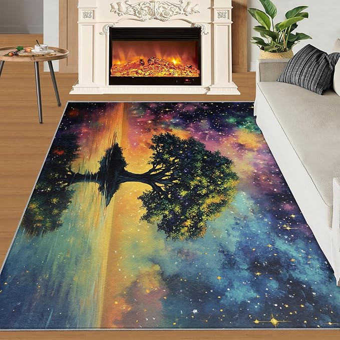 3x6 Tree of Life Bedroom Rug Under Bed - Galaxy Tree Kids Room Rugs, Dreamlike Starry Sky Bedroom Runner Rug Soft Washable for Living Room Kitchen