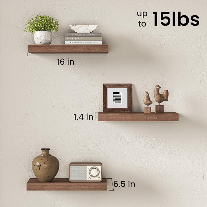 Fun Memories 16 Inch Floating Shelves Wall-Mounted, Engineered Wood Wall Shelves