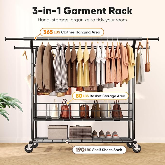 HOKEEPER Heavy Duty Clothes Rack Load 635 LBS, Clothing Rack for Hanging Clothes, Adjustable Black Double Rod with Metal Basket, Portable Rolling Garment Rack with Wheels for Bedroom, Laundry Room