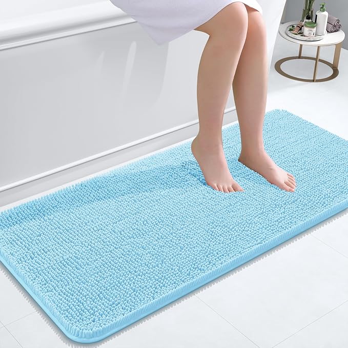 OLANLY Bathroom Rugs 47x20, Extra Soft Absorbent Chenille Bath Rugs, Rubber Backing Quick Dry, Machine Washable Bath Mats for Bathroom Floor, Tub and Shower, Home Decor Accessories, Sky Blue