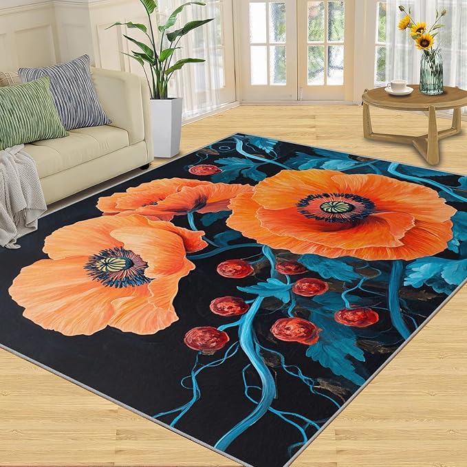 5x7 Poppy Rugs for Bedroom - Retro Flowers Art Print Rug, Rustic Florals Art Rug Non Slip Soft Rugs for Living Room Hardwood Floors Teen Room