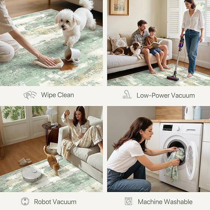 GENIMO Runner Rug Non Slip 2'6"x10', Washable Rug Runner for Hallways Kitchen, Abstract Modern Kitchen Rugs, Low Pile Lightweight Carpet Runners for Entryway, Bedroom, Laundry, Light Green