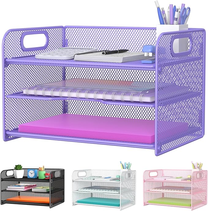 Samstar 3 Tier Purple Letter Tray Paper Organizer with Handle, Mesh Desk Organizer Paper Sorter File Rack Shelves, Purple