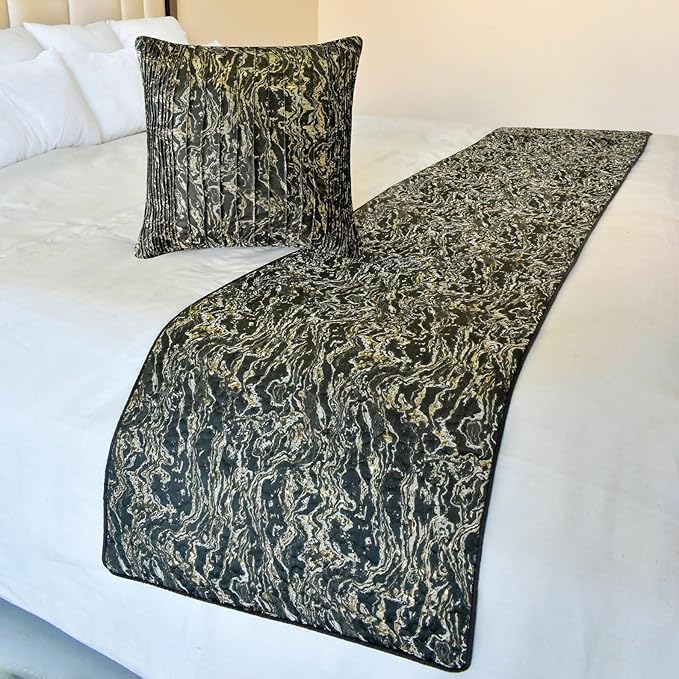 The HomeCentric King/Queen/Twin Black Decorative Bed Runner Full 68"x18" Bed Runner with Two Pillow Cover, Marble Pattern, Pintucks, Quilted Bed Scarf on Jacquard Fabric - Stellaris