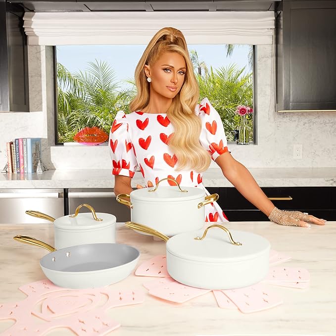 Paris Hilton Iconic Nonstick Pots and Pans Set, Multi-layer Nonstick Coating, Matching Lids With Gold Handles, Made without PFOA, Dishwasher Safe Cookware Set, 10-Piece, Cream