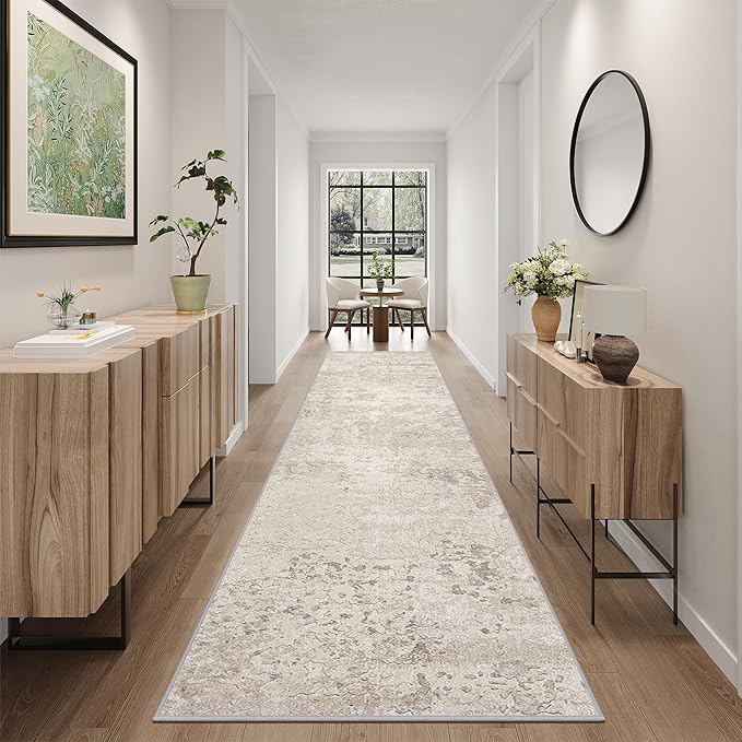 Art&Tuft Non-Slip Runner Rug - 2.5x10 Runner Rug Washable Low-Pile Rugs Runners, Soft Distressed Carpet Runner for Bedroom Bathroom Kitchen Laundry Living Room, Beige