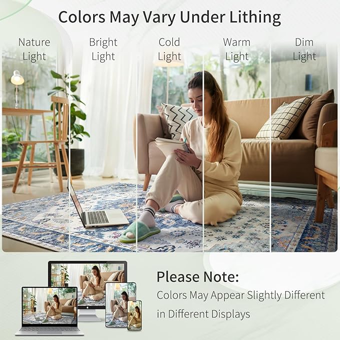 Enkor Area Soft Rugs 4x6 Washable Non Slip Boho Floor Rugs for Living Room Bedroom, Vintage Style Farmhouse Mat for Kitchen Entryway Blue & White
