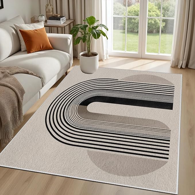 Modern Washable Rug for Living Room 6x8, Boho Abstract Striped Area Rugs, Soft Non Slip Low Pile Farmhouse Carpet for Bedroom Dining Room Kitchen, Stain Resistant, Pet Friendly, Beige Black