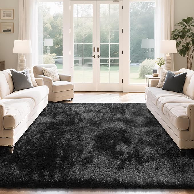Fluffy Rug Shaggy Area Rug, Black 8x10 Area Rugs for Living Room, Large Shag Area Rugs for Bedroom Kids Room Home Decor, Upgrade Anti-Skid Rectangular Fuzzy Rugs