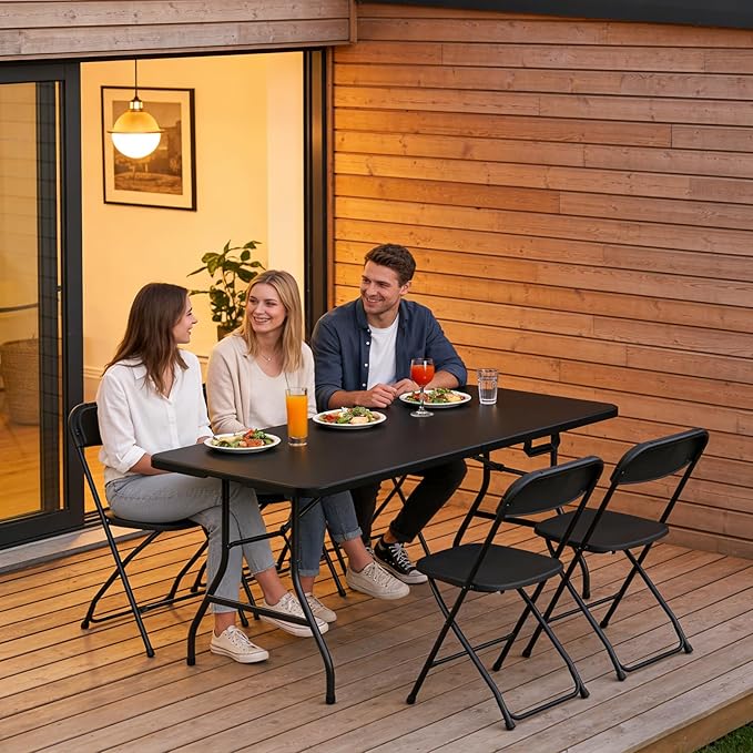 6FT Folding Table, Heavy Duty Plastic Fold-in-Half Utility Table with Handle, Portable Camping Picnic Table with Steel Legs for Indoor Outdoor Party, Dining, Black,2 Pack