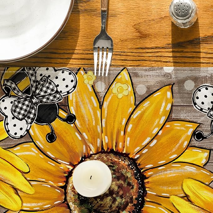 Artoid Mode Wood Sunflower Bee Flower Polka Dot Summer Table Runner, Seasonal Kitchen Dining Table Decoration for Home Party Decor 13x120 Inch