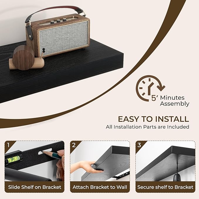 RICHFOCUS 48Inch Floating Shelves for Wall 1 Pack Shelves for Bedroom|Kitchen|Bathroom Wall Mounted Rustic Wood Floating Shelf with Invisible Brackets for Books|Storage|Decor, Black