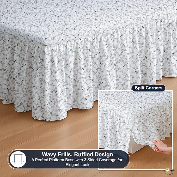Cottington Lane Ruffled Bed Skirt Full Size with Split Corner, Brushed Microfiber Hotel Quality Dust Ruffle, 14 Inch Drop Gathered Bedskirt, Soft, Stylish, Shrink & Fade Resistant, Coco Rose Leaf