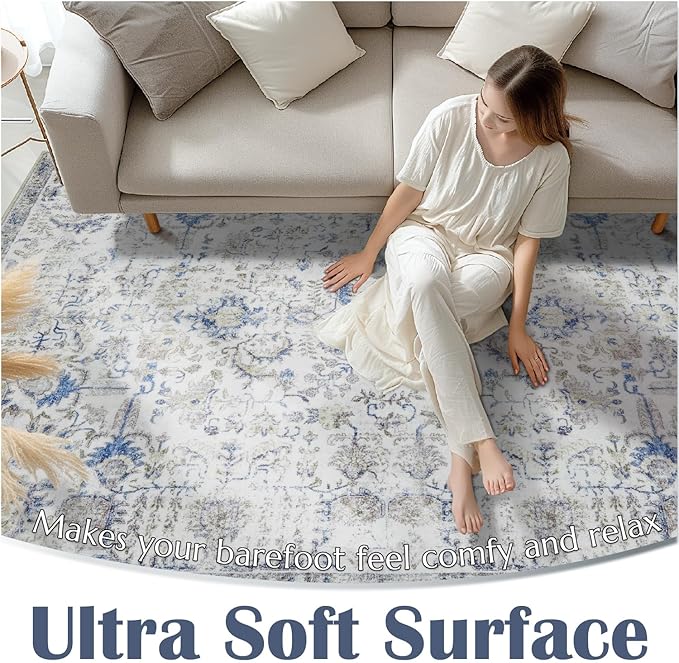 jinchan Kalen Area Rug 4x6 Washable Bedroom Rug Soft Vintage Indoor Thin Retro Distressed Floor Cover Blue Floral Country Boho Non Slip Living Room Bathroom Kitchen