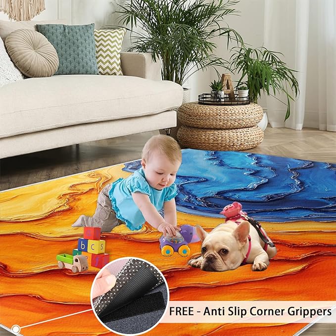 Navy Blue Rugs for Bedroom - 3x4 Area Rug - Abstract Blue Orange Rugs for Living Room, Modern Simple Art Rug, Washable Home Decor Carpet
