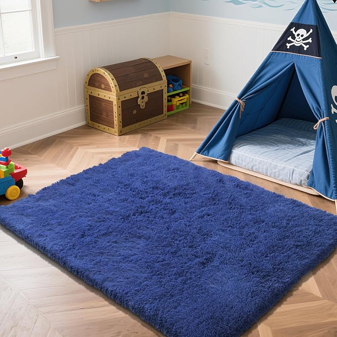 Blue Fluffy Rug Shaggy Area Rug, 5x8 Area Rugs for Girls Bedroom, Soft Cute Baby Play Mat, Indoor Floor Carpet for Teen, Nursery, Preppy Dorm, Plush Aesthetic Bedside Rug