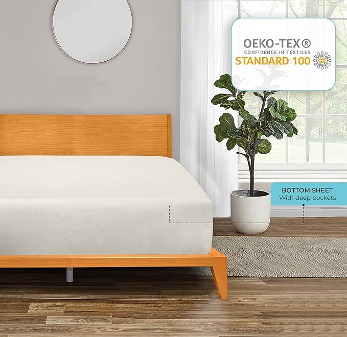 ROYALE LINENS 300 Thread Count 100% Long Staple Combed Cotton Fitted Sheet Twin XL - Super Soft Deep Pocket Bottom Sheet - Fitted Sheets Only - Elastic Sheets (Twin XL, Cream)