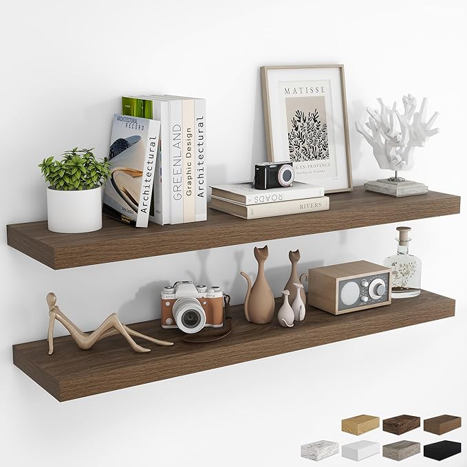 RICHFOCUS 48Inch Floating Shelves for Wall 2 Pack Shelves for Bedroom|Kitchen|Bathroom Wall Mounted Rustic Wood Floating Shelf with Invisible Brackets for Books|Storage|Decor, Walnut