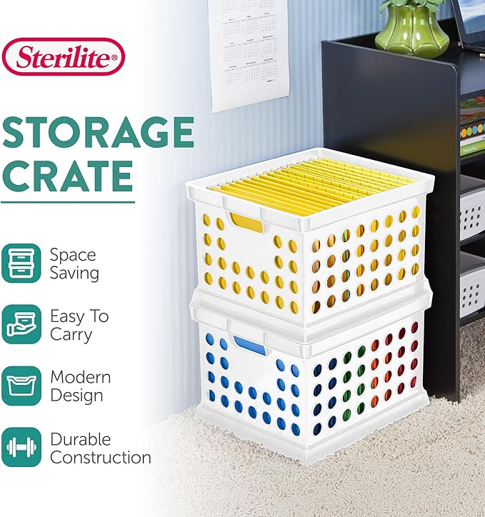 Sterilite Stackable Plastic Storage Crate Bin Organizer File Box with Handles for Home, Office, Dorm, Garage, or Utility Organization, White, 12-Pack