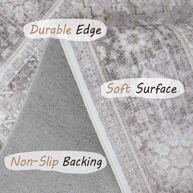 8x10 Rug - Cream & Grey Area Rug - Foldable Non Slip Vintage Rugs for Living Room - Modern Area Rugs 8x10 - Boho Living Room Rugs for Bedroom Dining Room, Distressed Pattern Carpet