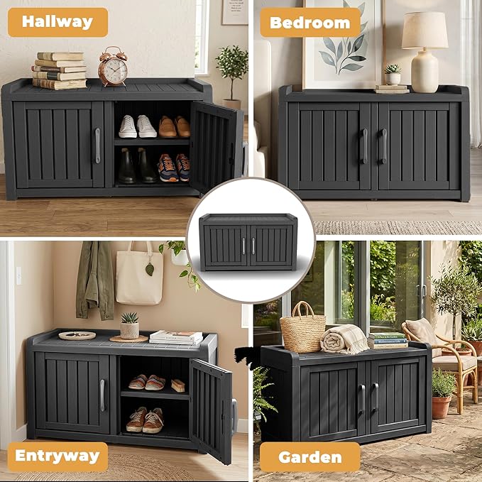 ROJIK Shoe Cabinet Waterproof UV-Resistant,Storage Bench Indoor Outdoor with Adjustable Shelves,for Entryway Bedroom,Hallway,Living Room(Double Door,Black)