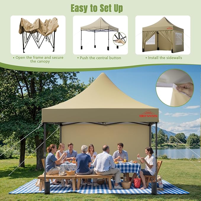 10x10 Heavy Duty Pop Up Canopy with 4 Sidewalls, 550D Commercial Easy Up Canopy Tent, Waterproof Outdoor Party Event Tent with Roller Bag, Khaki