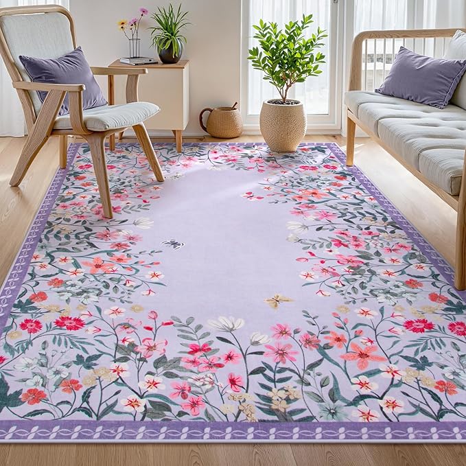 Wonnitar Washable Rug, 5x7 Purple Rugs for Living Room, Floral Print Non-Slip Pink Area Rugs for Bedroom Girls, Soft Large Throw Carpet for Kids Nursery Room (Purple,5'x7')