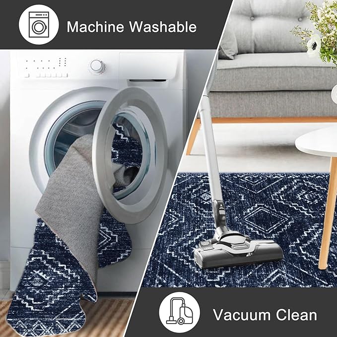 KILOCOCO Hallway Runner Rug 2x8 Runners for Hallways Washable Runner Rug Non Slip Rubber Backed Low-Pile Runners for Bedroom Kitchen Living Room Laundry Room Boho Rugs, Dark Blue