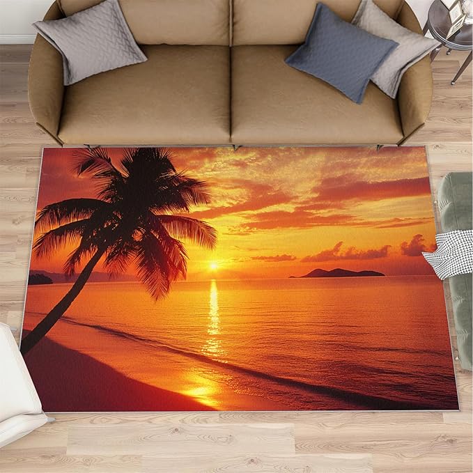Coastal Rugs for Bedroom - 4x5 Area Rug - Ocean Beach Rugs for Living Room, Sunset Palm Trees Rug, Non-Slip Washable Home Decor Carpet