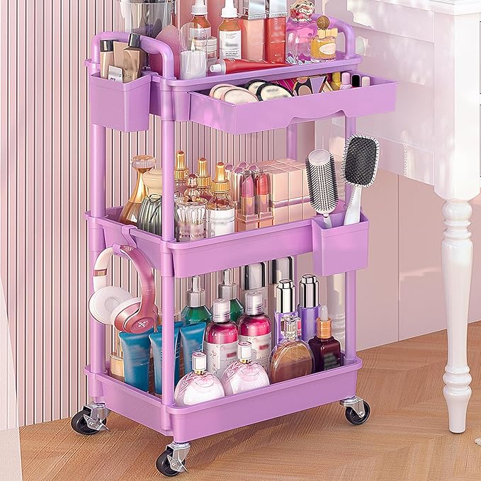 Goovilla Rolling Makeup Organizer Cart with Removable Drawer, 3 Tier Stable Purple Floor Skincare Storage Cart for Vanity, Cosmetic Display, Nail Polish, Perfume, Hair Stuff, Beauty, Bathroom(Plastic)