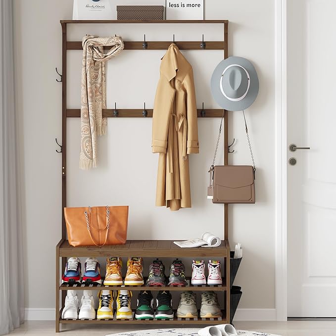 AMBIRD Hall Tree with bench and shoe storage, Entryway Bench with shoe storage, 6-in-1 Coat Rack with Cloth Bag and14 Coat Hooks, Sturdy Bamboo Frame, Large Size, Brown 39 * 15 * 70 Inches