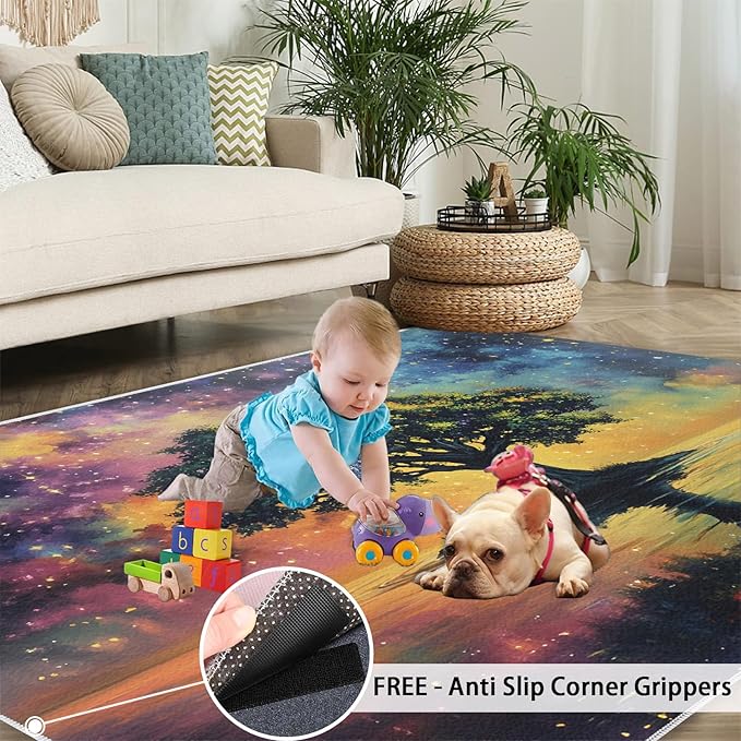3x6 Tree of Life Bedroom Rug Under Bed - Galaxy Tree Kids Room Rugs, Dreamlike Starry Sky Bedroom Runner Rug Soft Washable for Living Room Kitchen