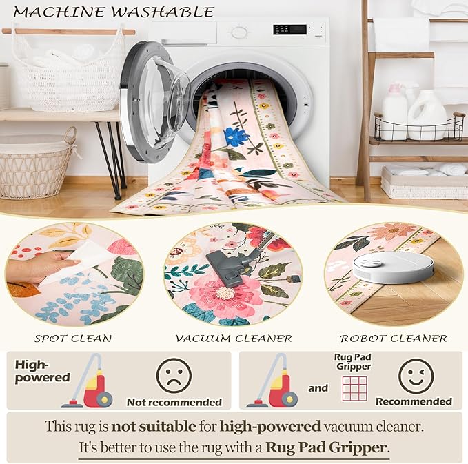 Floral 5x7 Area Rug Machine Washable Soft Print Boho Carpet Non Slip Doormat Low Pile Flower Area Rugs for Living Room Bedroom Nursery Kitchen Dining Room Indoor-Pink