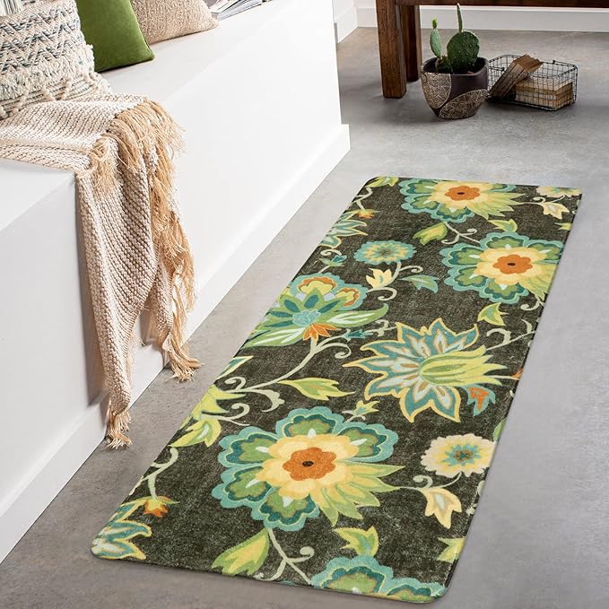 Lahome Floral Hallway Carpet - 2x5 Washable Non-Slip Low-Pile Kitchen Laundry Room Rug, Soft Paisley Print Modern Indoor Rug for Living Room Bathroom Entrance