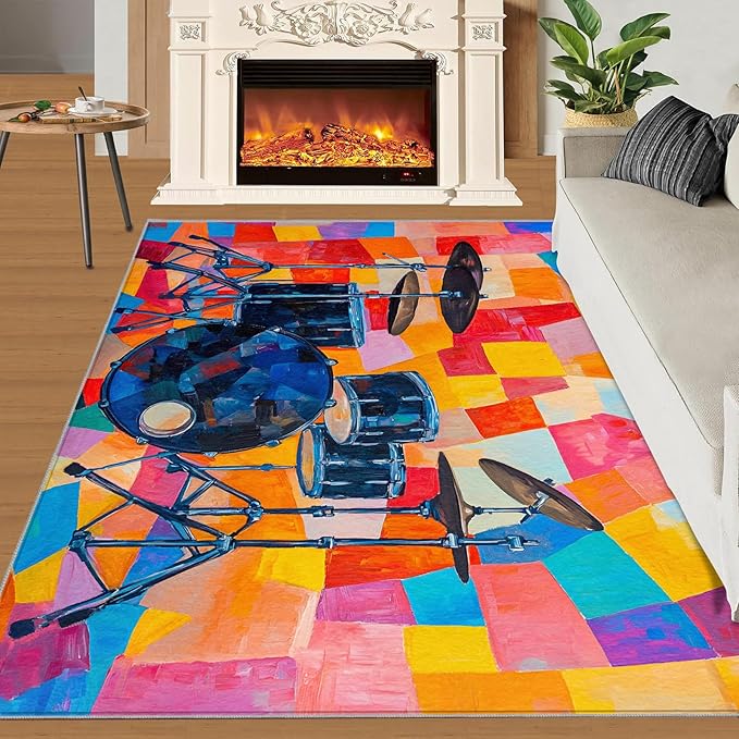 3x6 Drum Set Bedroom Rug Under Bed - Abstract Art Kids Room Rugs, Pop Art Bedroom Runner Rug Soft Washable for Living Room Kitchen