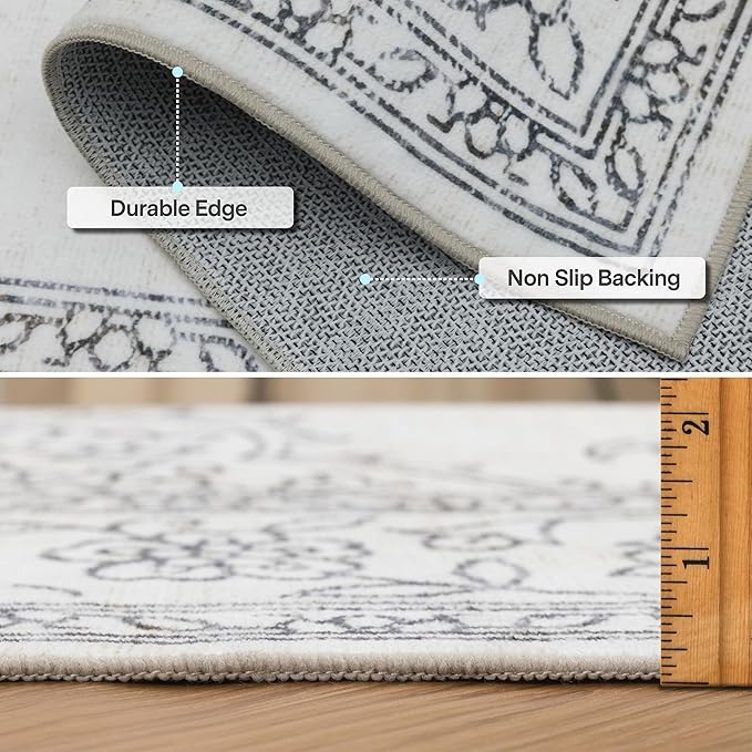 ReaLife Rugs Machine Washable Area Rug Runner - Living Room Bedroom Bathroom Kitchen Entryway Office - Padded Low Pile Stain Resistant Premium - Boho Farmhouse Vintage - Paige - Ivory 2'6" x 8'
