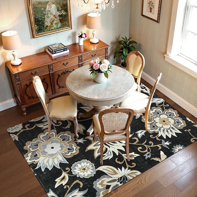 Lahome Floral Black Rug for Living Room - Washable 5 x 7 Area Rugs for Bedroom Non-Slip Ultra-Thin Large Rug Stain Resistant Dining Room Rugs, Paisley Print Accent Rugs Carpet for Office Kitchen